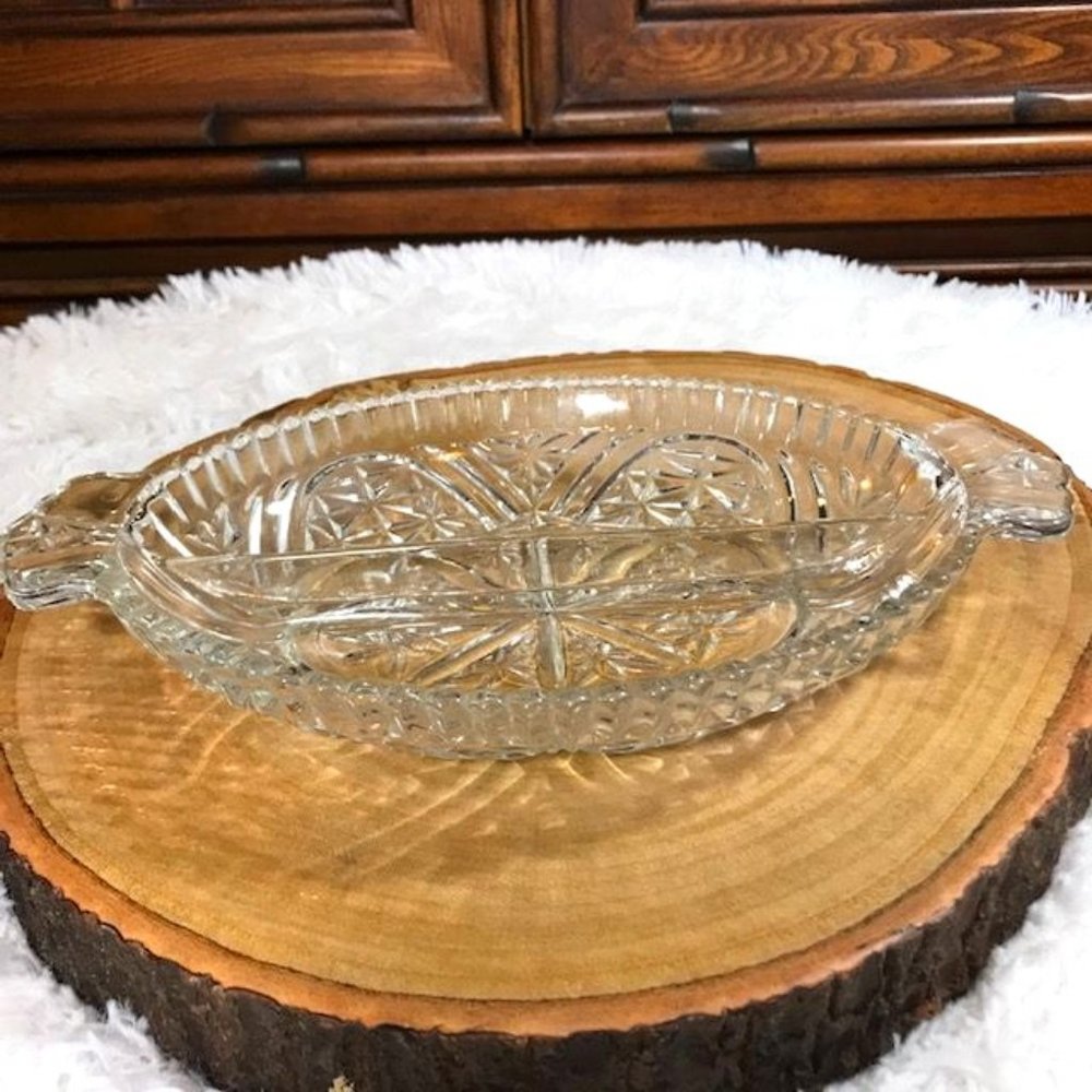 Vintage Cut Crystal Oval Fan Handle Divided Dish